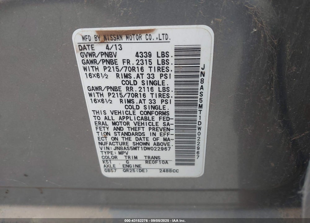 2013 NISSAN ROGUE VIN: JN8AS5MT1DW022967