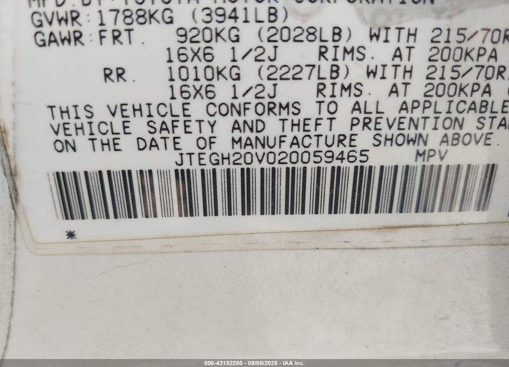 2002 TOYOTA RAV4 VIN: JTEGH20V020059465