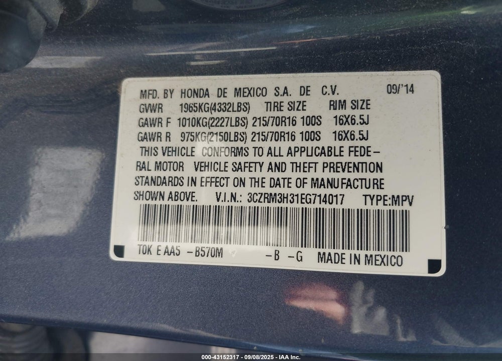 2014 HONDA CR-V VIN: 3CZRM3H31EG714017