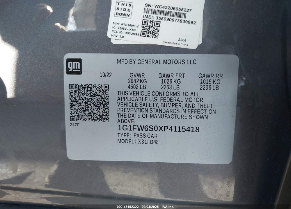 2023 CHEVROLET BOLT EV VIN: 1G1FW6S0XP4115418