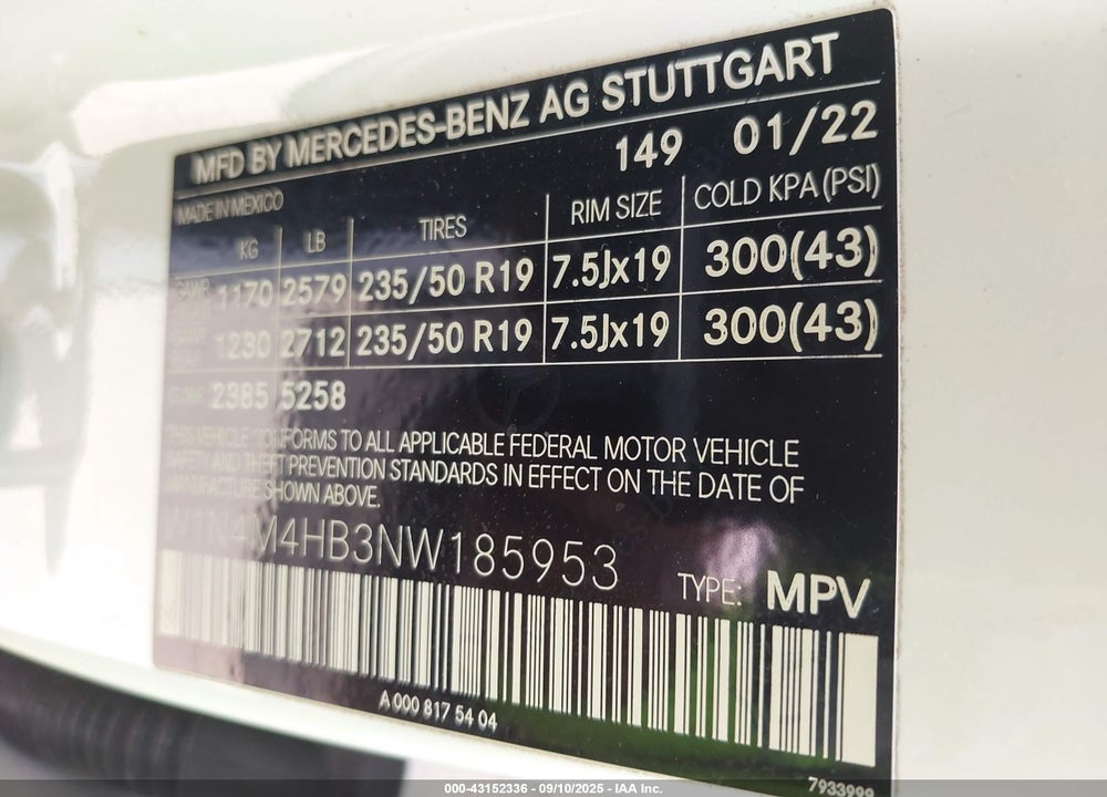 2022 MERCEDES-BENZ GLB 250 4MATIC VIN: W1N4M4HB3NW185953