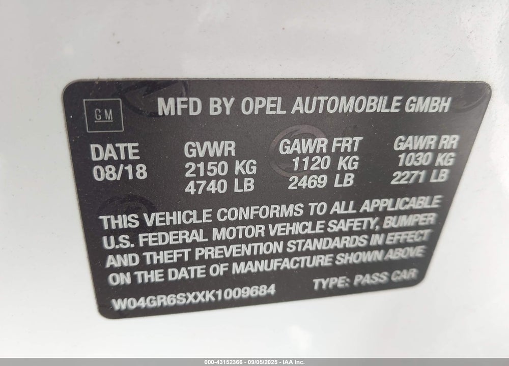 2019 BUICK REGAL SPORTBACK VIN: W04GR6SXXK1009684