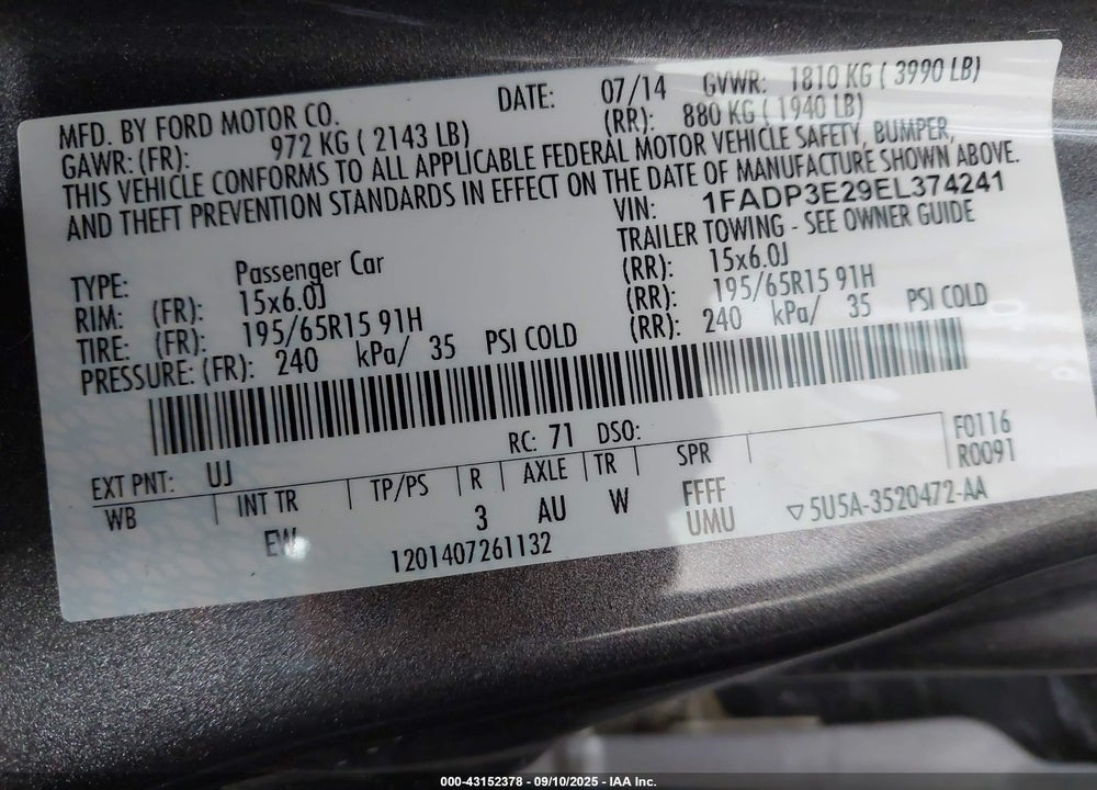 2014 FORD FOCUS VIN: 1FADP3E29EL374241