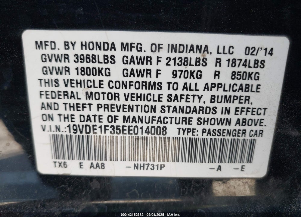 2014 ACURA ILX 2.0L VIN: 19VDE1F35EE014008