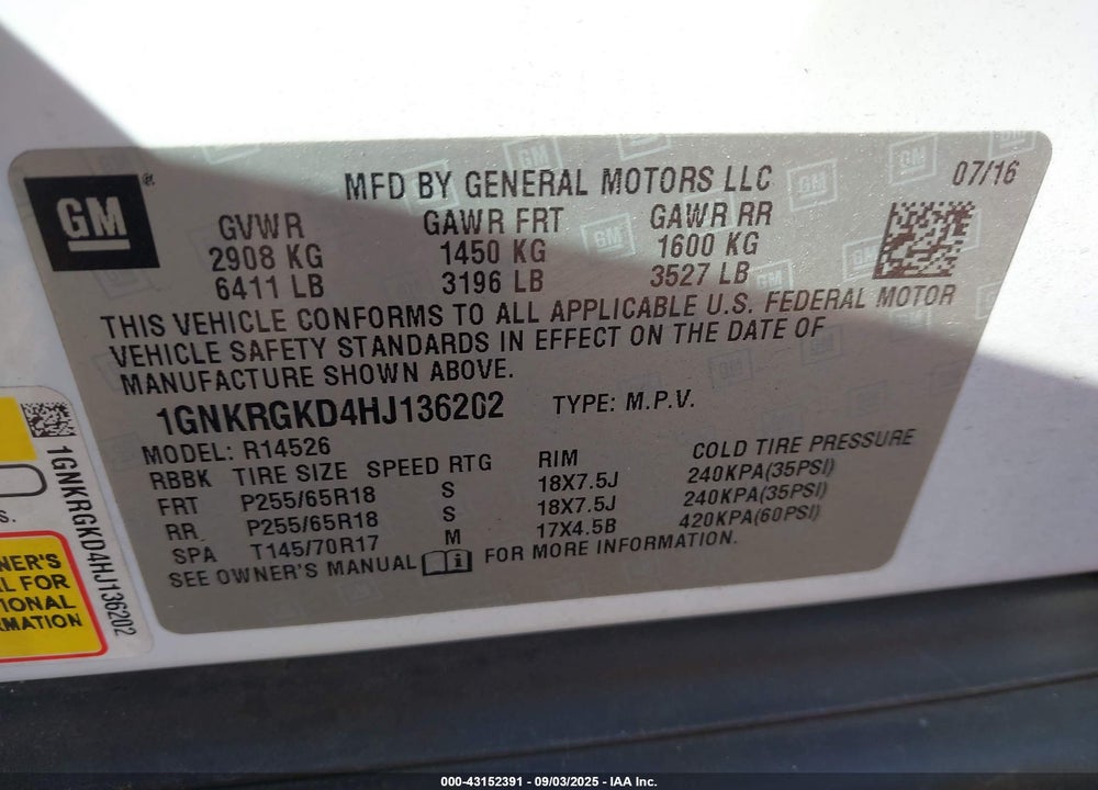 2017 CHEVROLET TRAVERSE VIN: 1GNKRGKD4HJ136202