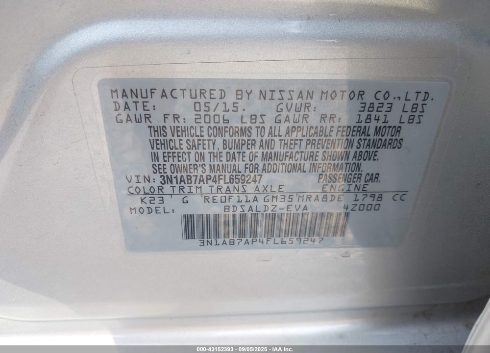2015 NISSAN SENTRA VIN: 3N1AB7AP4FL659247