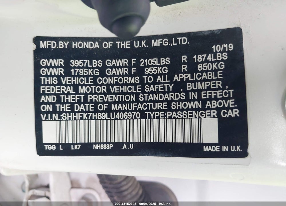 2020 HONDA CIVIC VIN: SHHFK7H89LU406970