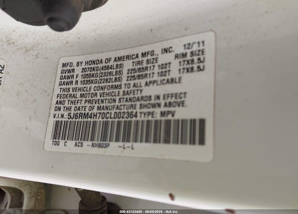 2012 HONDA CR-V VIN: 5J6RM4H70CL002364