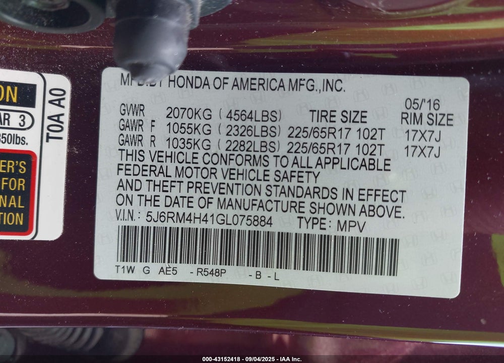 2016 HONDA CR-V VIN: 5J6RM4H41GL075884