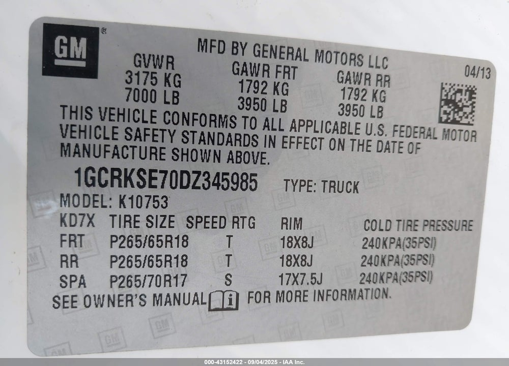 2013 CHEVROLET SILVERADO 1500 VIN: 1GCRKSE70DZ345985