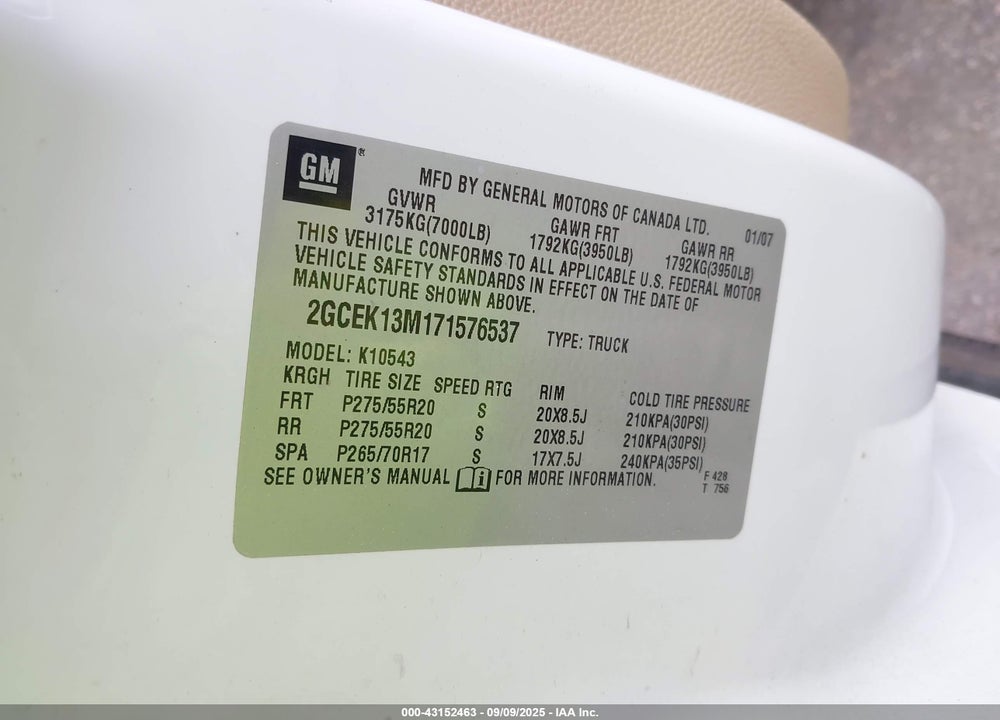 2007 CHEVROLET SILVERADO 1500 LTZ VIN: 2GCEK13M171576537