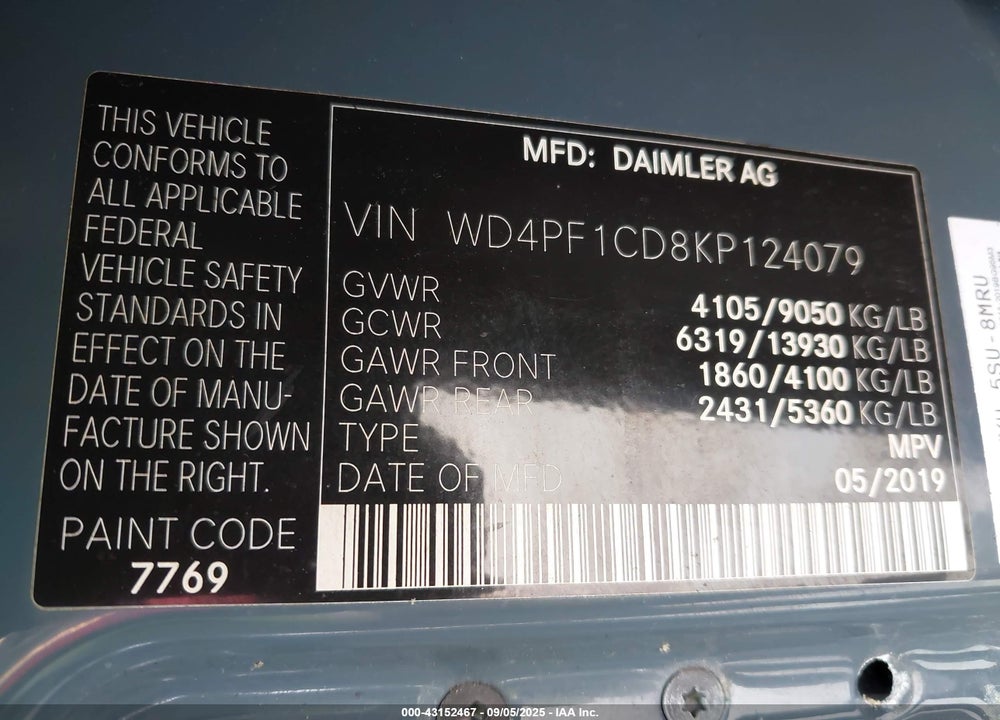 2019 MERCEDES-BENZ SPRINTER VIN: WD4PF1CD8KP124079