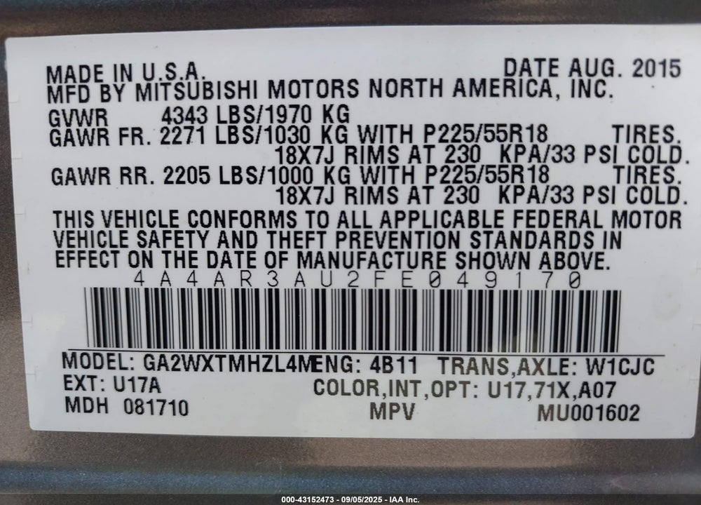 2015 MITSUBISHI OUTLANDER SPORT VIN: 4A4AR3AU2FE049170
