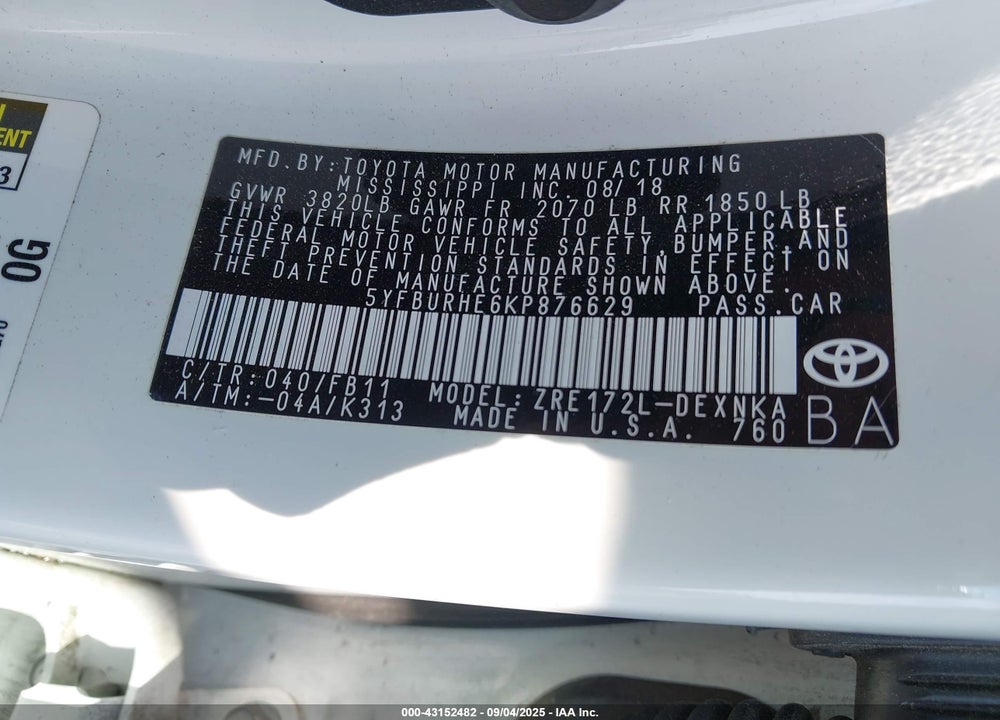 2019 TOYOTA COROLLA LE VIN: 5YFBURHE6KP876629