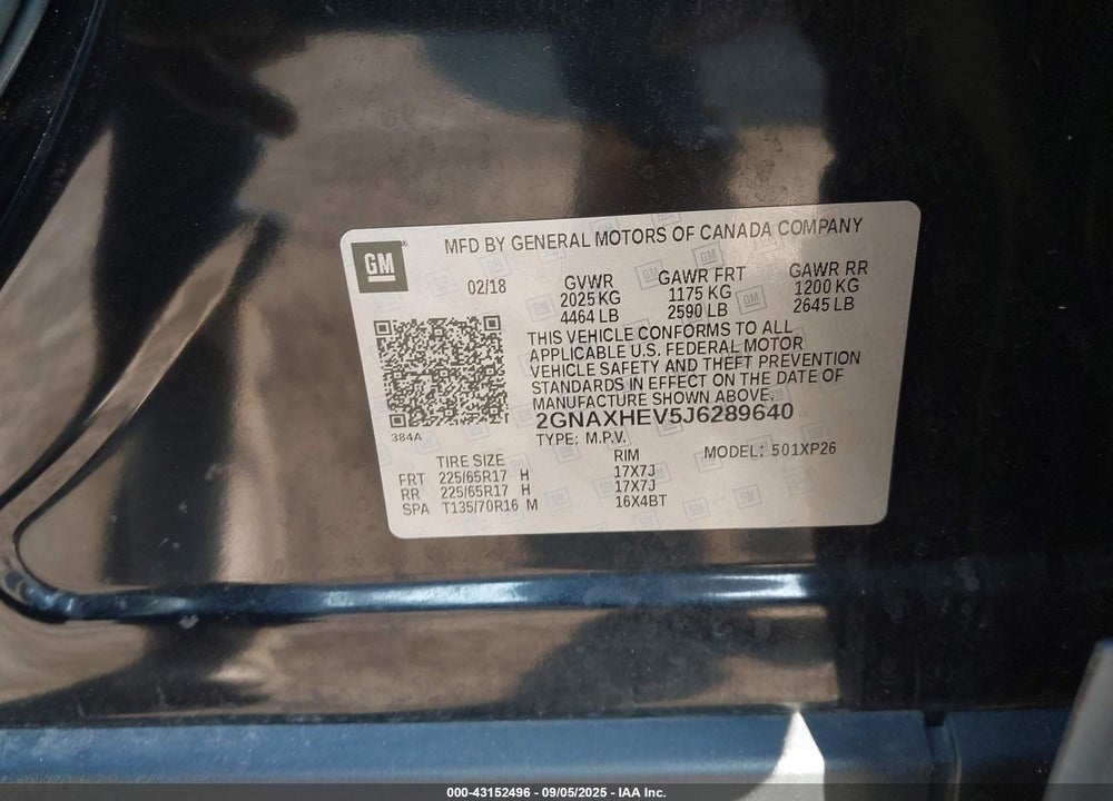 2018 CHEVROLET EQUINOX VIN: 2GNAXHEV5J6289640