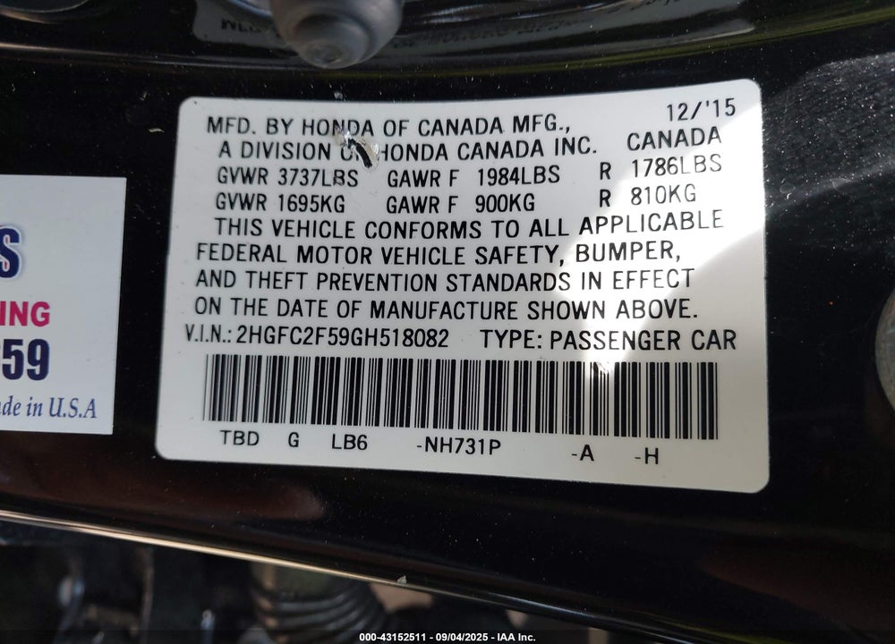 2016 HONDA CIVIC VIN: 2HGFC2F59GH518082