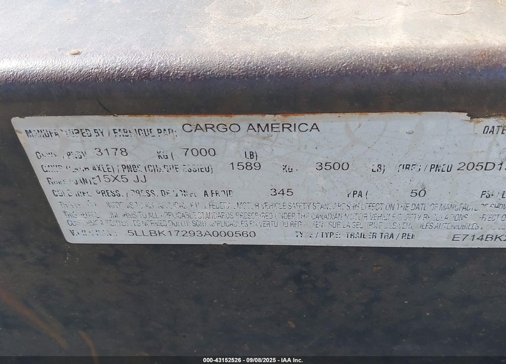 2004 CARGO TRAILER VIN: 5LLBK17Z93A000560