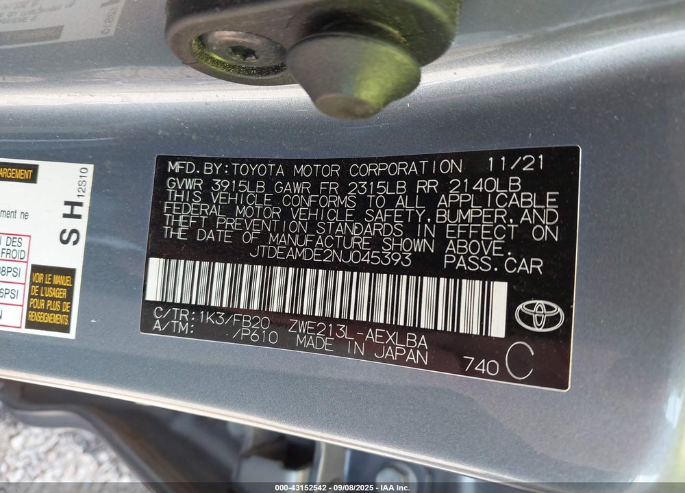 2022 TOYOTA COROLLA VIN: JTDEAMDE2NJ045393