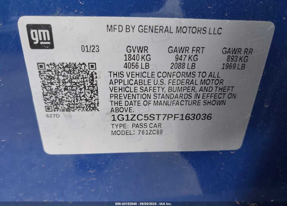 2023 CHEVROLET MALIBU FWD 1FL VIN: 1G1ZC5ST7PF163036