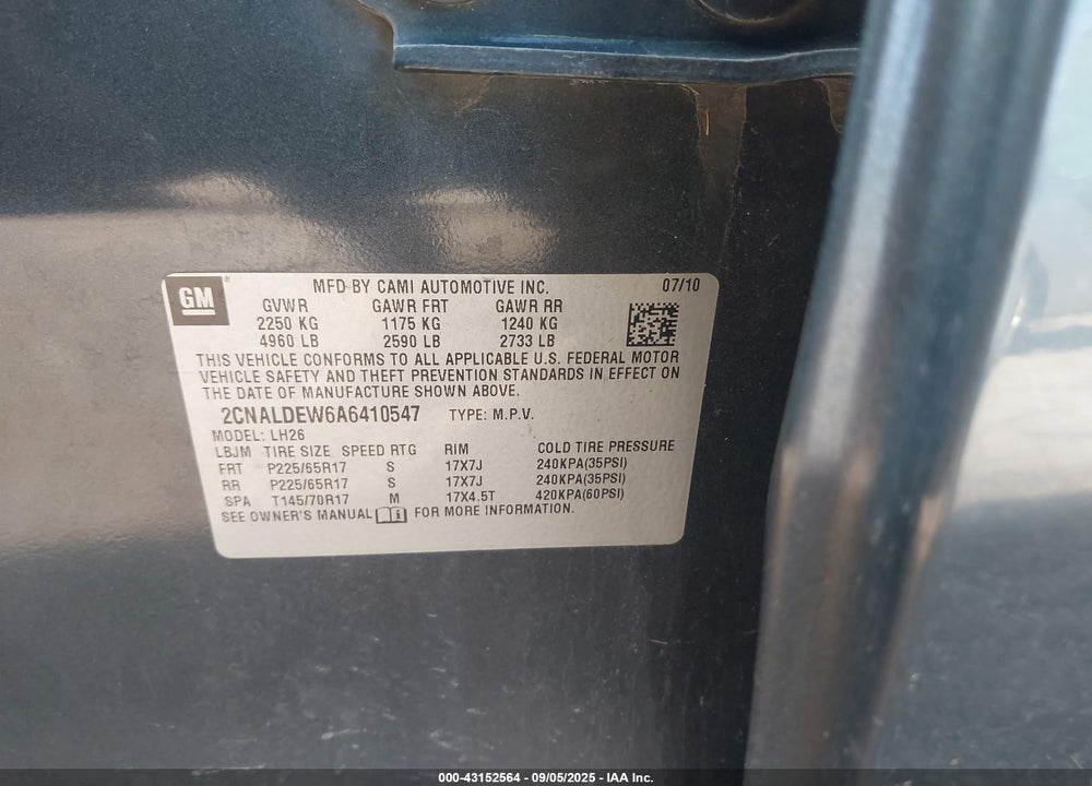 2010 CHEVROLET EQUINOX VIN: 2CNALDEW6A6410547