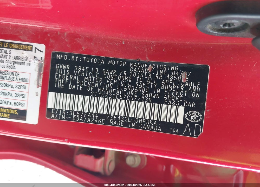 2007 TOYOTA MATRIX VIN: 2T1KR32E87C677239