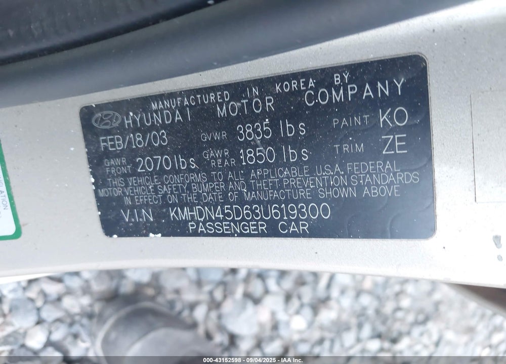 2003 HYUNDAI ELANTRA GLS/GT VIN: KMHDN45D63U619300