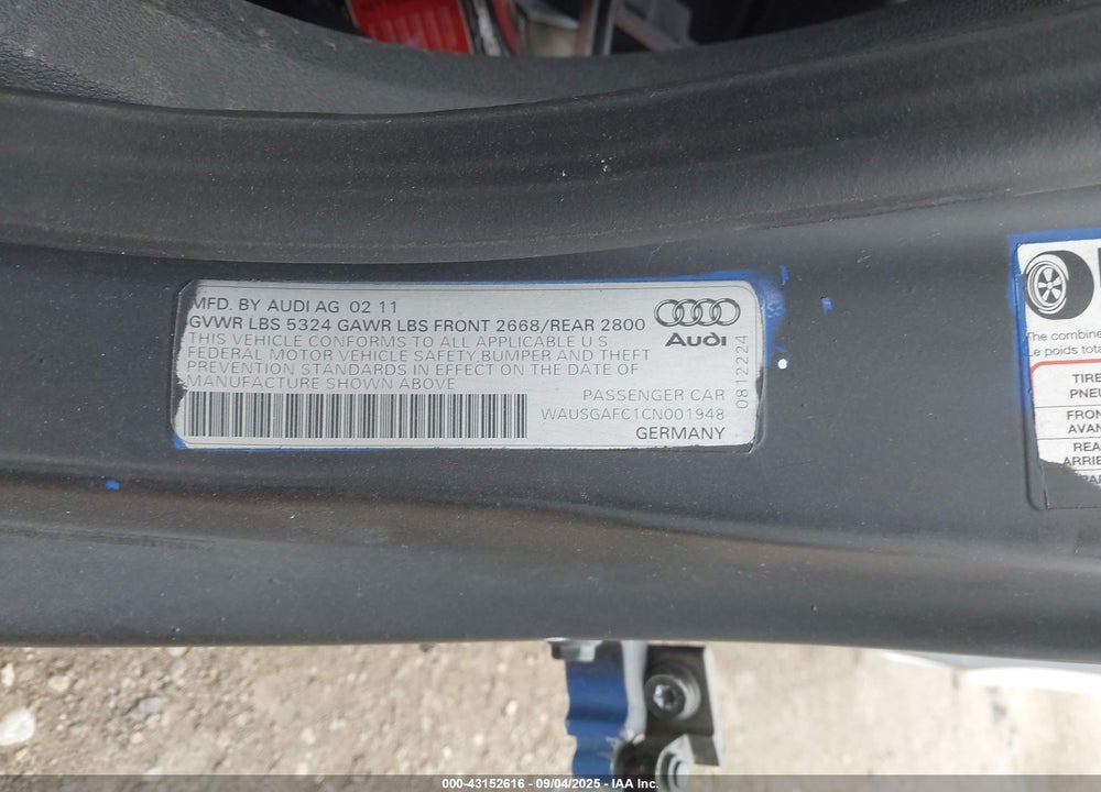 2012 AUDI A7 VIN: WAUSGAFC1CN001948