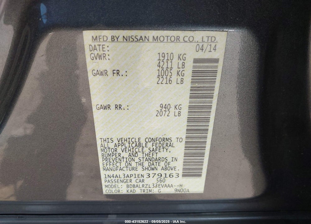 2014 NISSAN ALTIMA VIN: 1N4AL3AP1EN379163