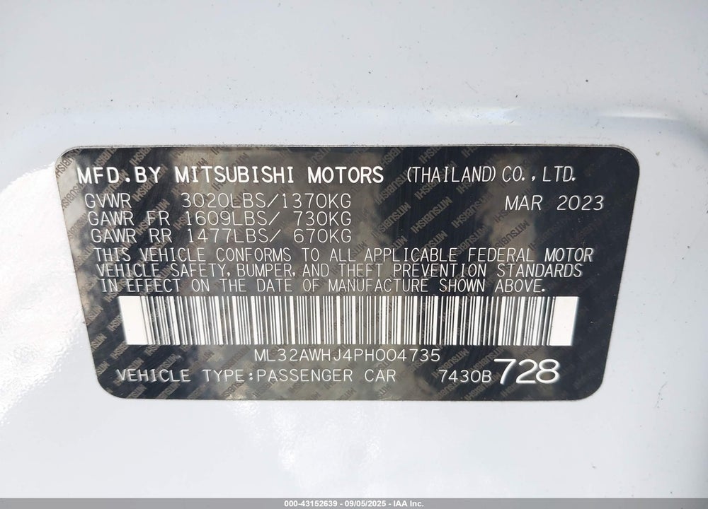 2023 MITSUBISHI MIRAGE VIN: ML32AWHJ4PH004735