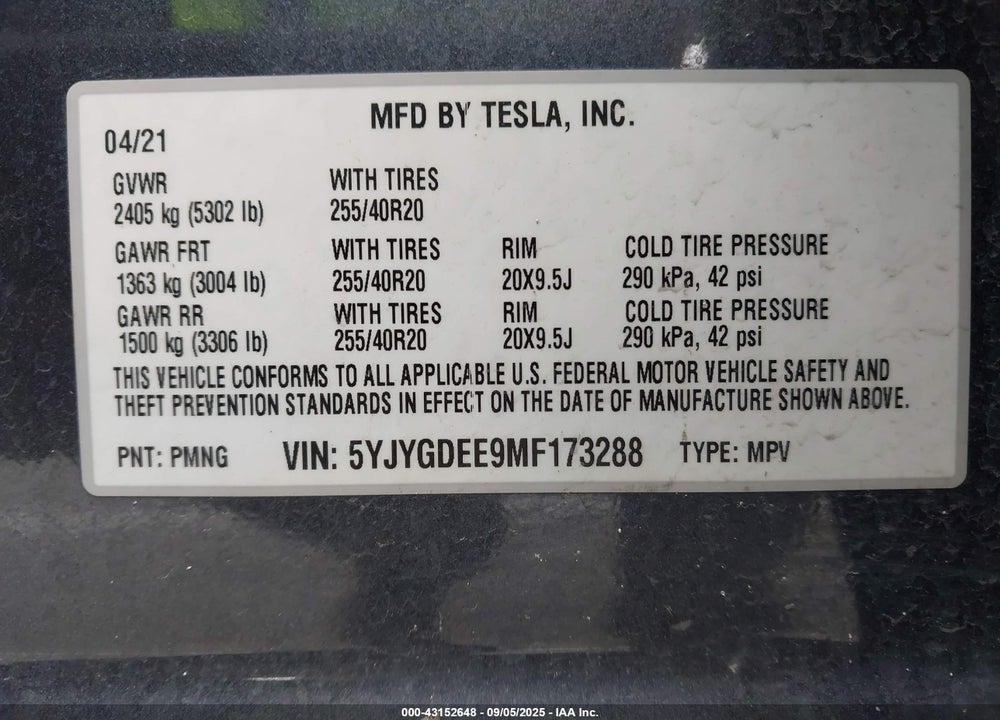 2021 TESLA MODEL Y LONG RANGE DUAL MOTOR ALL-WHEEL DRIVE VIN: 5YJYGDEE9MF173288