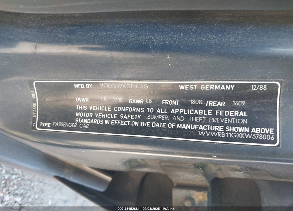 1989 VOLKSWAGEN JETTA GL VIN: WVWRB11GXKW378006