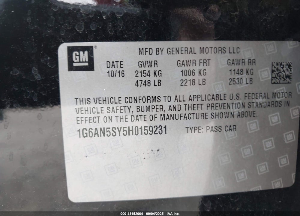 2017 CADILLAC ATS VIN: 1G6AN5SY5H0159231