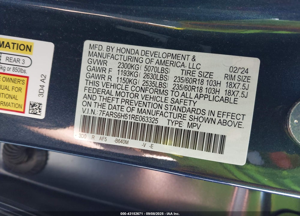 2024 HONDA CR-V VIN: 7FARS6H51RE063325