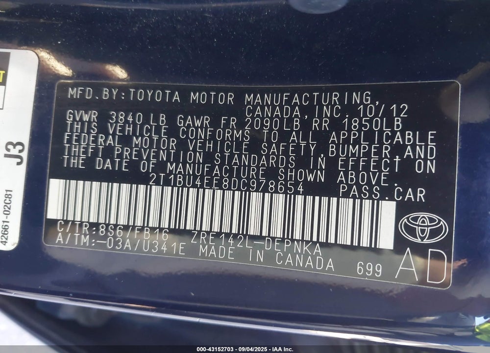 2013 TOYOTA COROLLA VIN: 2T1BU4EE8DC978654