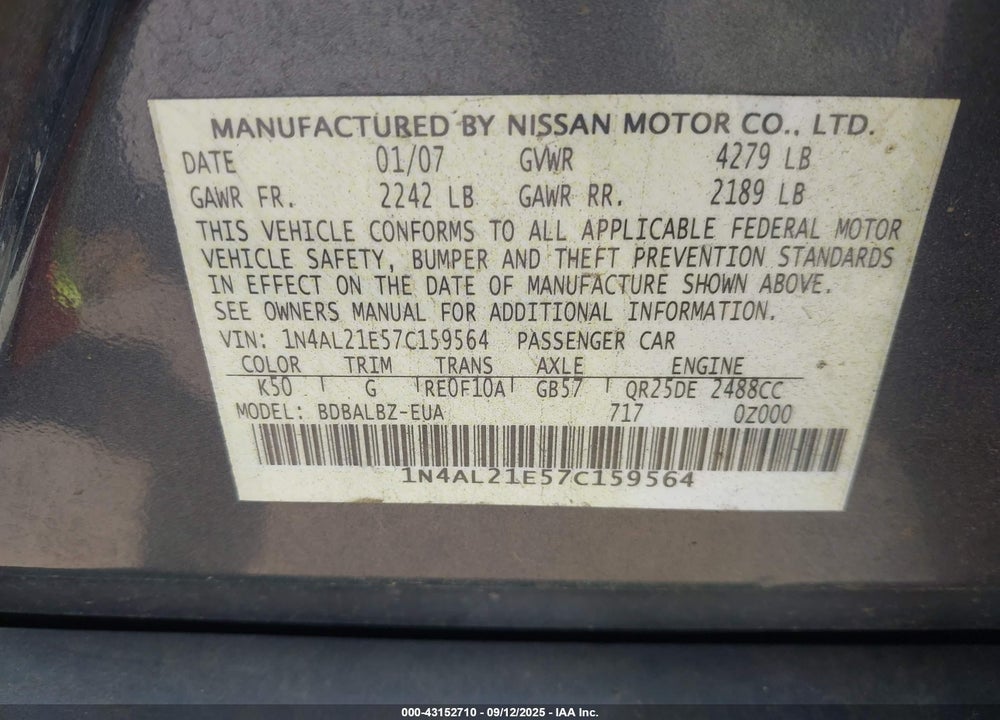 2007 NISSAN ALTIMA 2.5 S VIN: 1N4AL21E57C159564