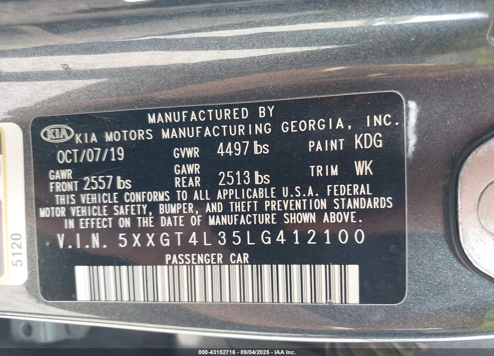 2020 KIA OPTIMA VIN: 5XXGT4L35LG412100