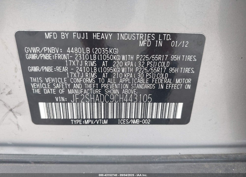 2012 SUBARU FORESTER VIN: JF2SHADC9CH443105