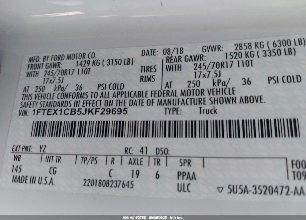 2018 FORD F-150 VIN: 1FTEX1CB5JKF29695