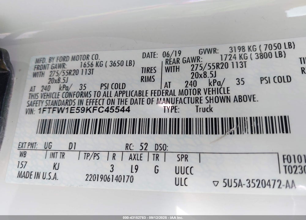 2019 FORD F-150 VIN: 1FTFW1E59KFC45544