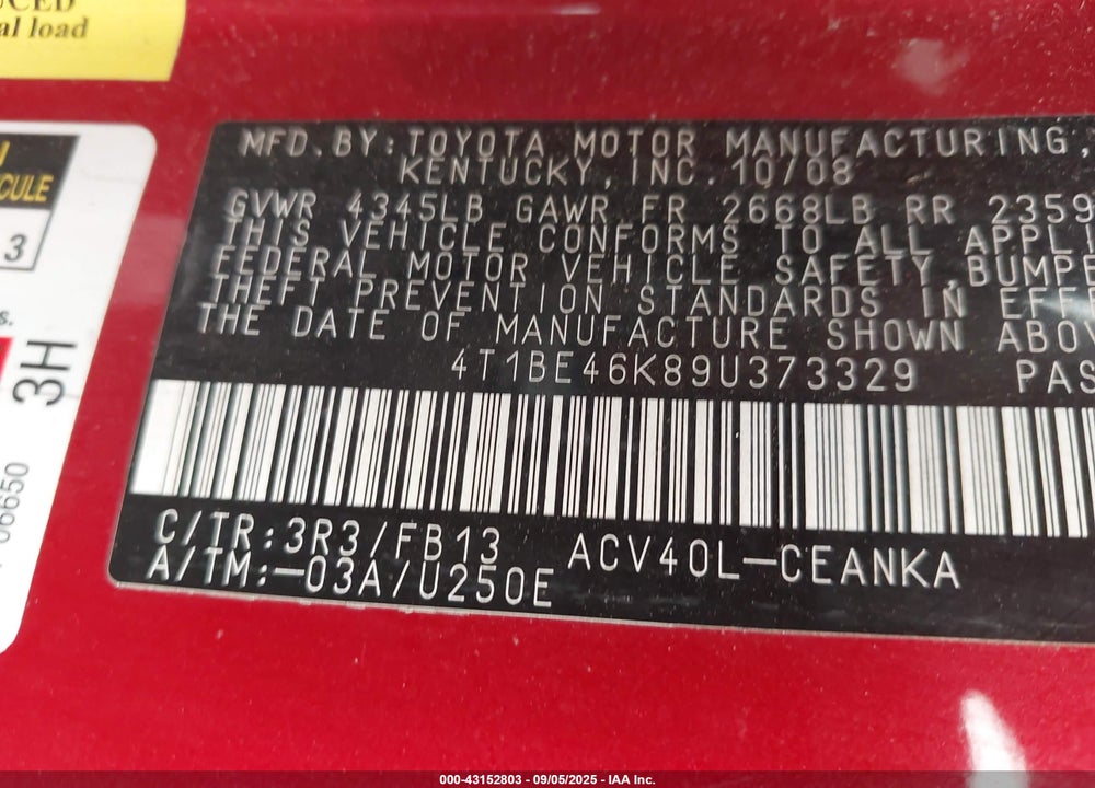 2009 TOYOTA CAMRY VIN: 4T1BE46K89U373329