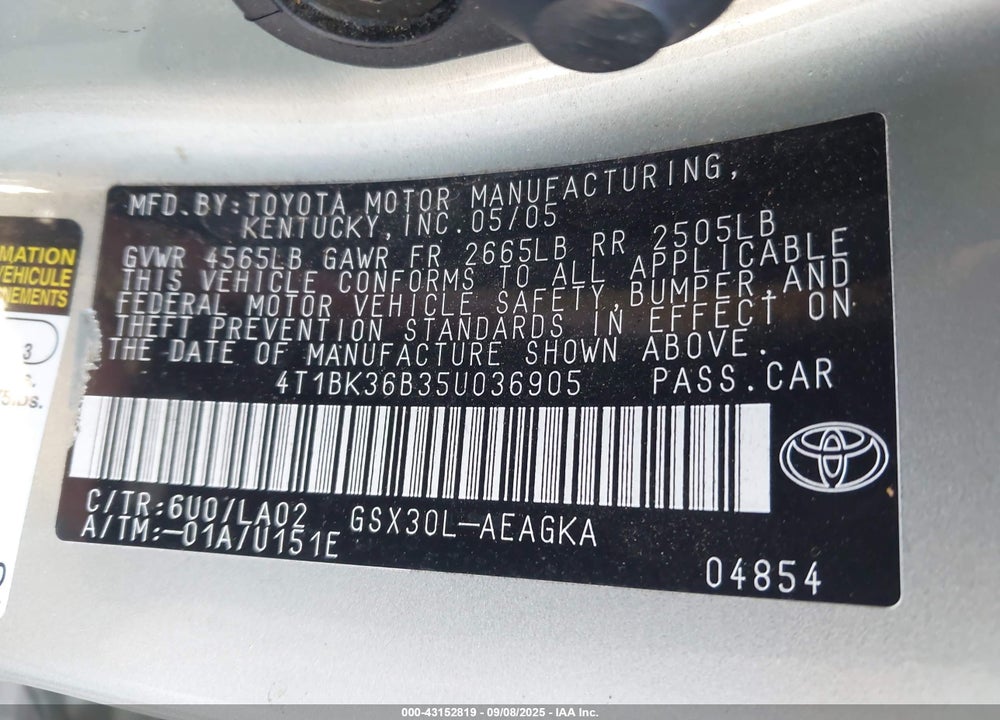 2005 TOYOTA AVALON XLS VIN: 4T1BK36B35U036905