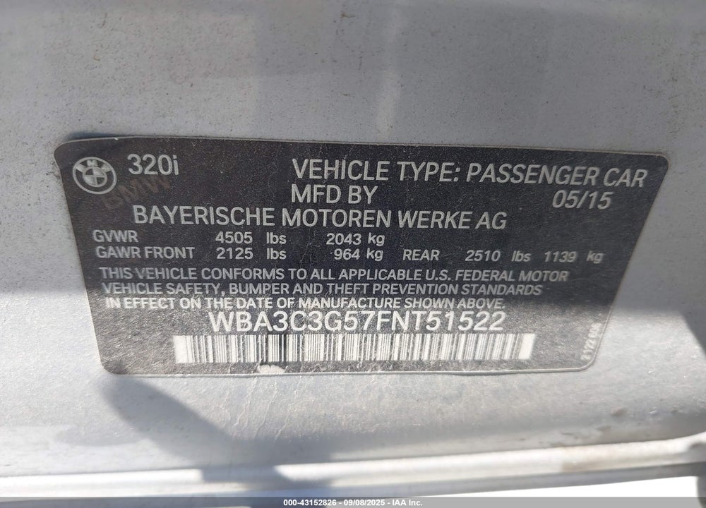 2015 BMW 3 SERIES VIN: WBA3C3G57FNT51522