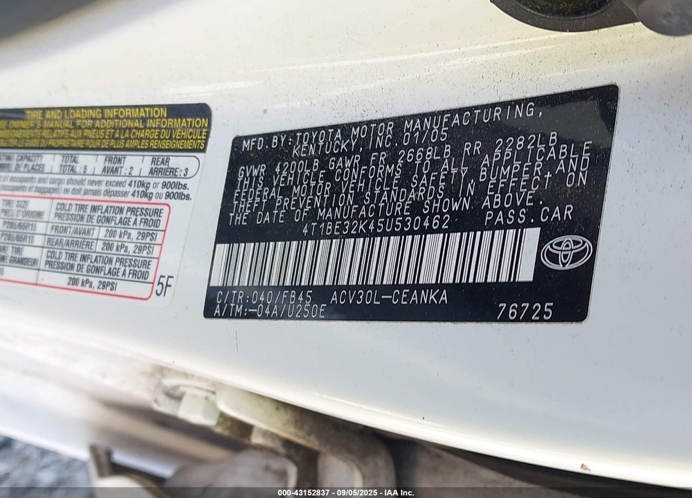 2005 TOYOTA CAMRY VIN: 4T1BE32K45U530462