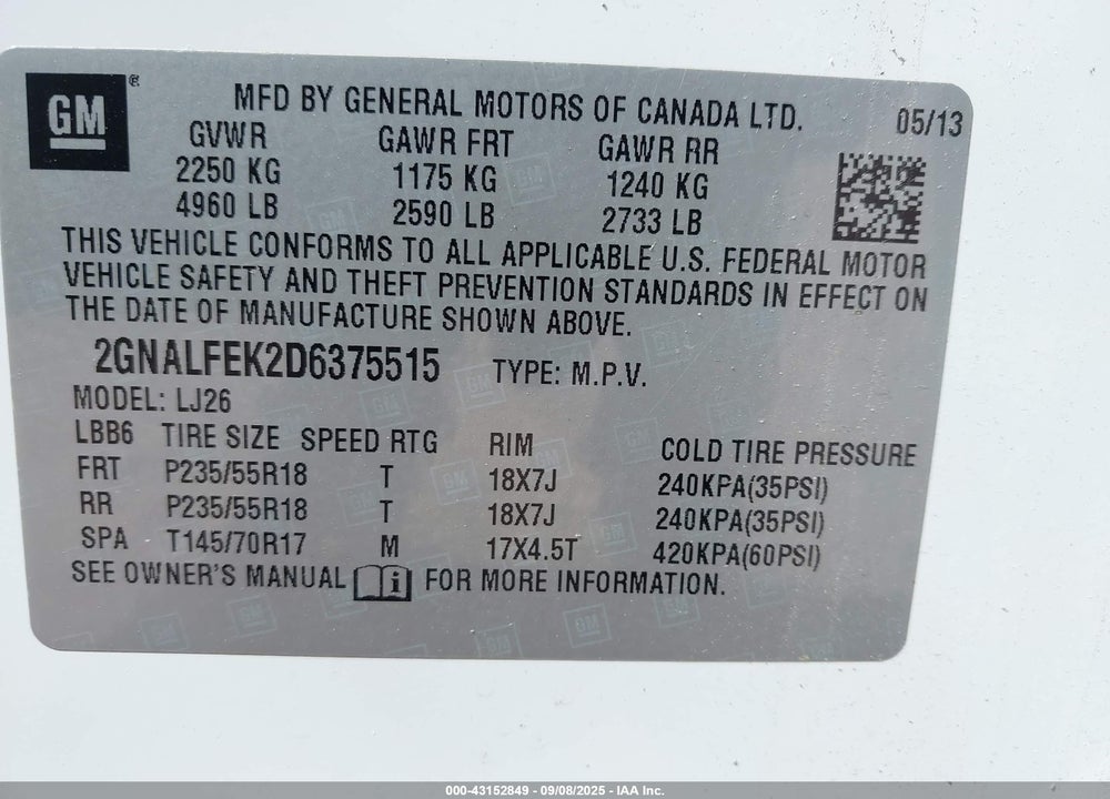 2013 CHEVROLET EQUINOX LTZ VIN: 2GNALFEK2D6375515