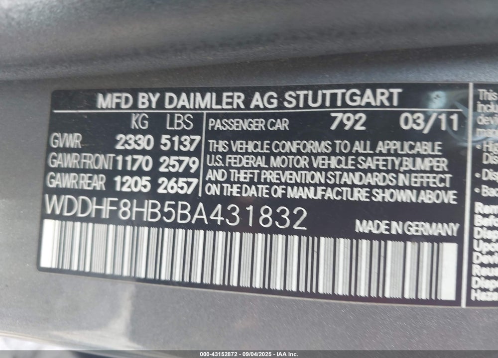 2011 MERCEDES-BENZ E-CLASS VIN: WDDHF8HB5BA431832