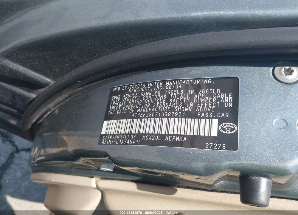2004 TOYOTA AVALON VIN: 4T1BF28B74U382921