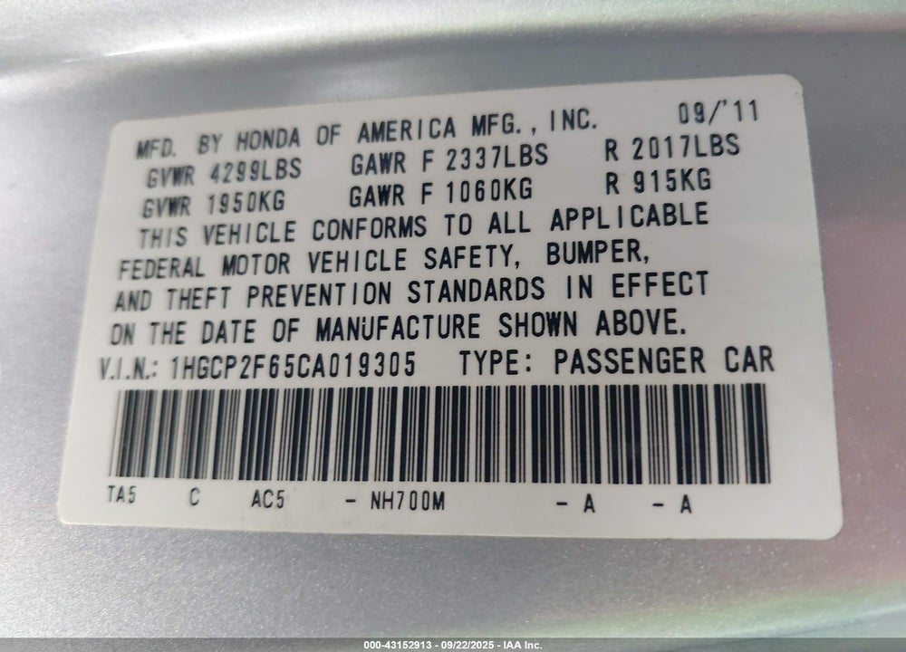 2012 HONDA ACCORD VIN: 1HGCP2F65CA019305