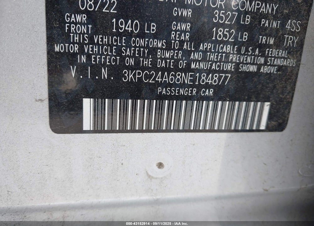 2022 HYUNDAI ACCENT SE VIN: 3KPC24A68NE184877