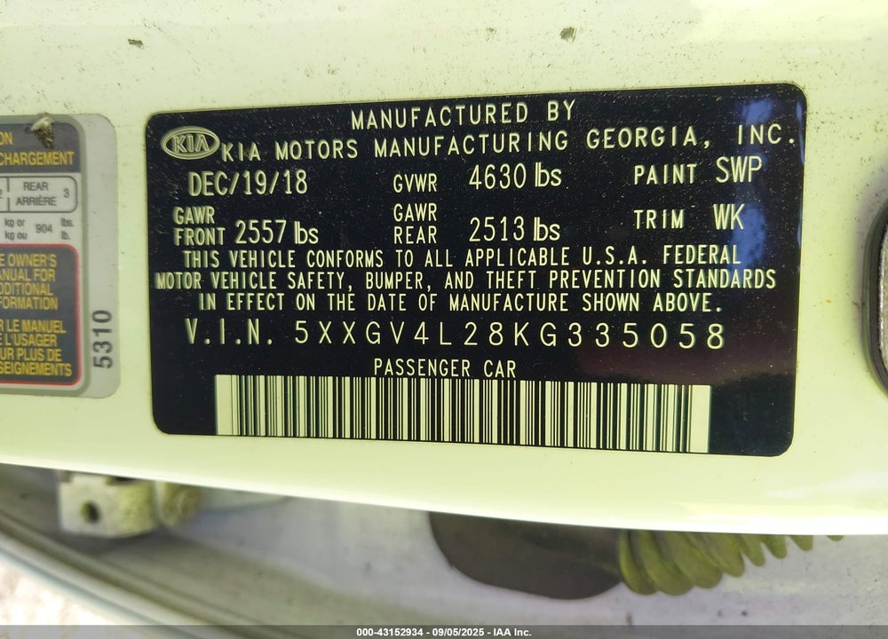 2019 KIA OPTIMA VIN: 5XXGV4L28KG335058