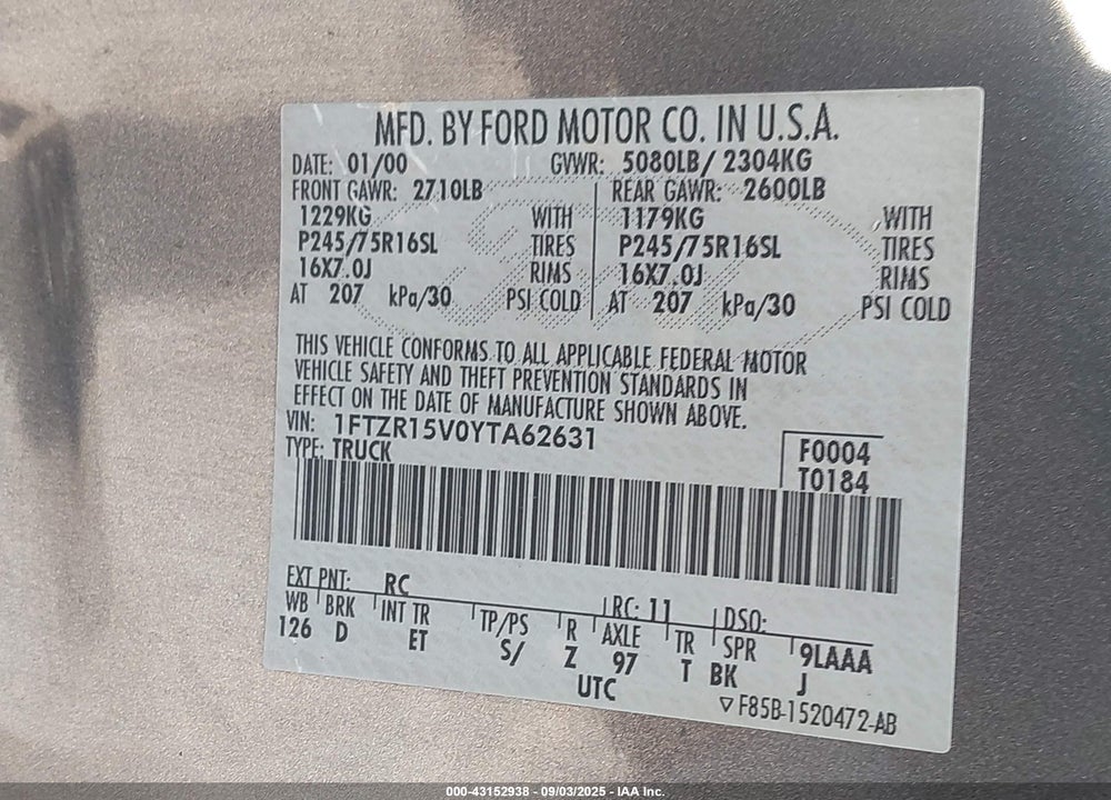2000 FORD RANGER XL/XLT VIN: 1FTZR15V0YTA62631